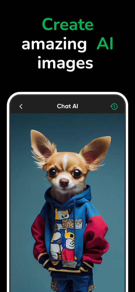 Une image générée par IA d'un chihuahua portant un sweat à capuche coloré dans l'interface de l'application ChatAI