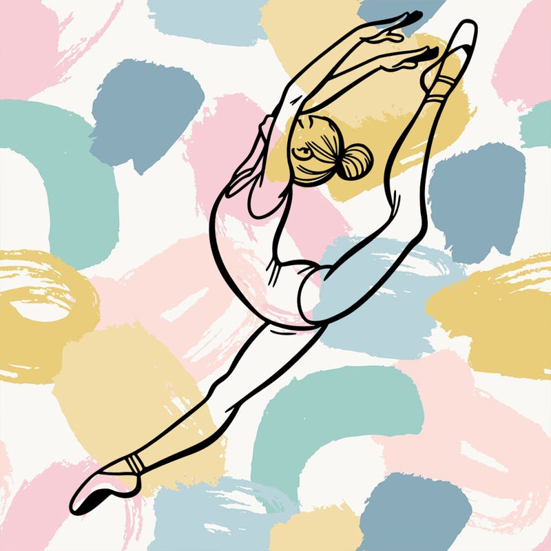 gymnast doing a leap in a leotard with a bent back leg