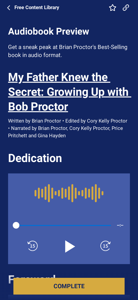 Proctor's Principles - Audiobook player interface in the Proctors Principles app showing a preview of the book My Father Knew the Secret.