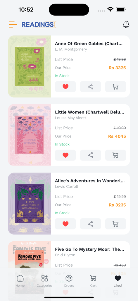 Readings App - Lista de libros curada en la aplicación Readings que muestra títulos clásicos y precios