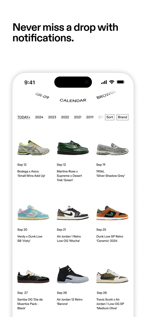 GOAT – Sneakers & Apparel - GOATアプリのインターフェースに、今後のスニーカーのドロップとリリース日のカレンダーが表示されています