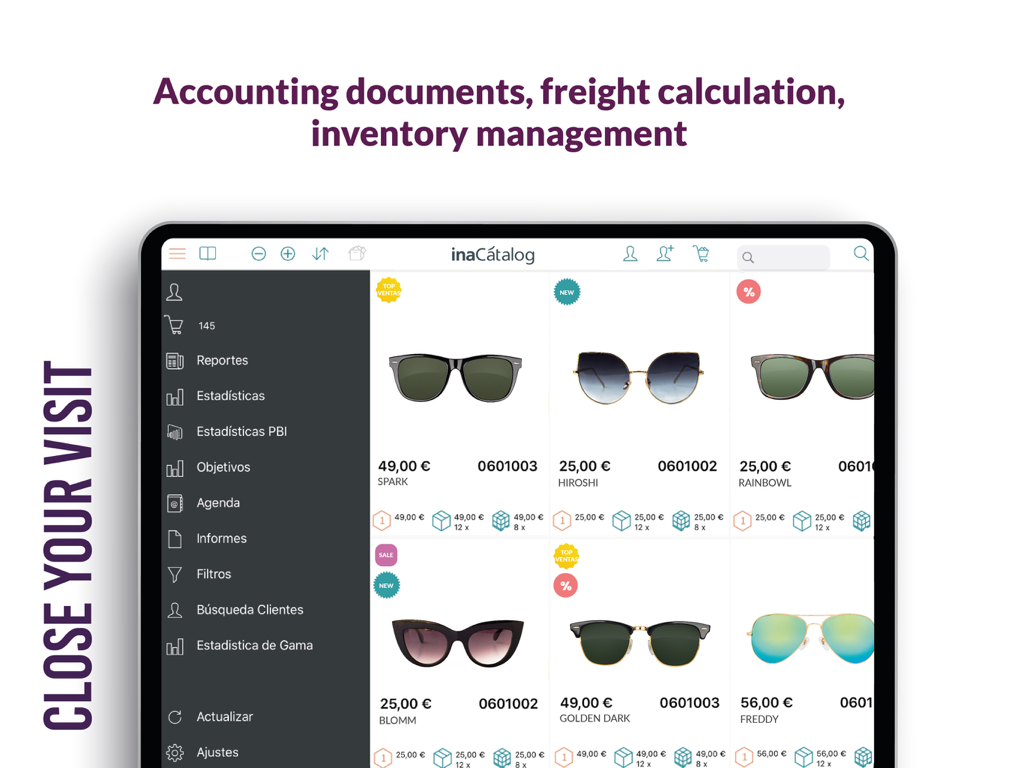iPad interface of inaCátalog showing a digital sales catalog for sunglasses with inventory management and business tools