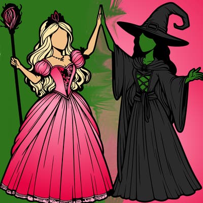 detailed realistic split of a princess and a witch