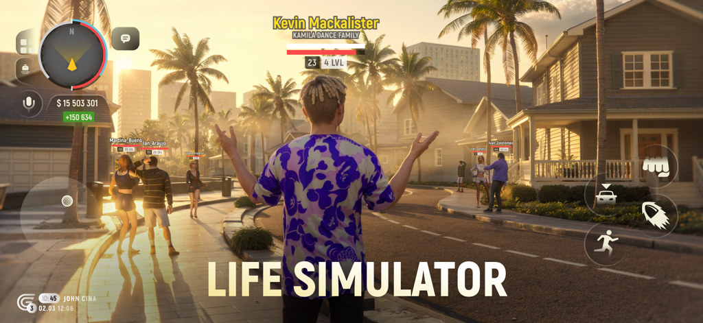 Grand Mobile: RP Open World - Personaje parado en una calle suburbana soleada en el simulador de vida RP de Grand Mobile