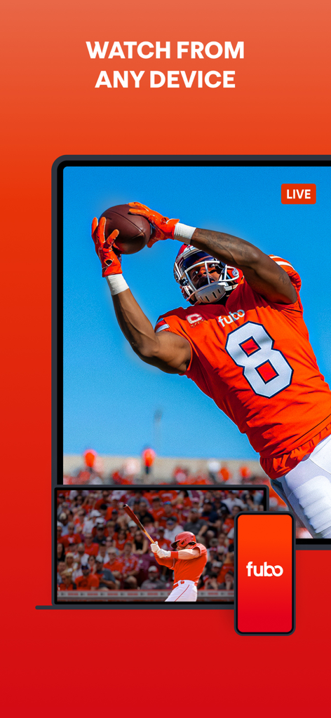 Fuboアプリに、タブレット、ラップトップ、スマートフォンでライブフットボールや野球のストリーミングが表示されています。