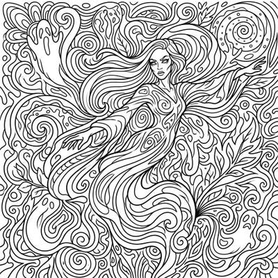 Unleash your inner artist with this mesmerizing coloring page featuring a banshee in a psychedelic art style. Dive into a world of swirling patterns and ethereal spirits, perfect for an engaging and creative escape.