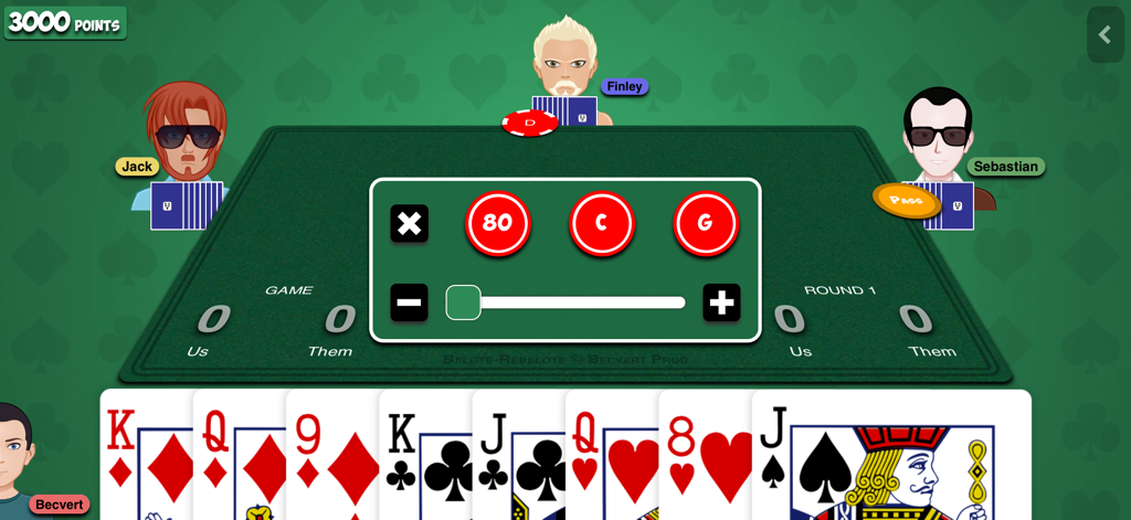 Interface d'enchères du jeu de cartes mobile Belote-Rebelote affichant les avatars des joueurs et leur main de cartes.