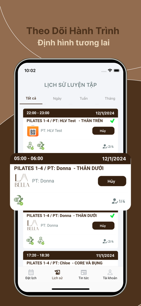 La Bella - Mobile screen showing a list of past and upcoming pilates training sessions in the La Bella app.