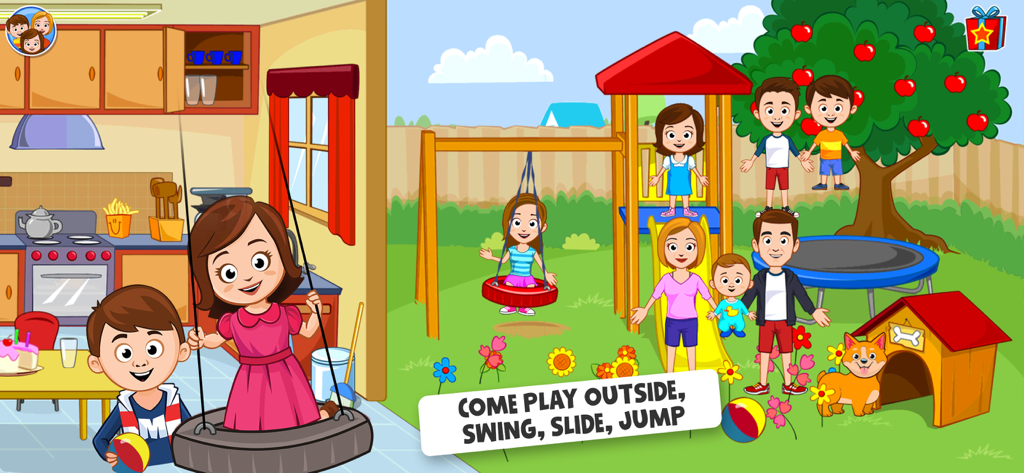 Cartoon characters playing on a backyard playground with a swing, slide, and trampoline
