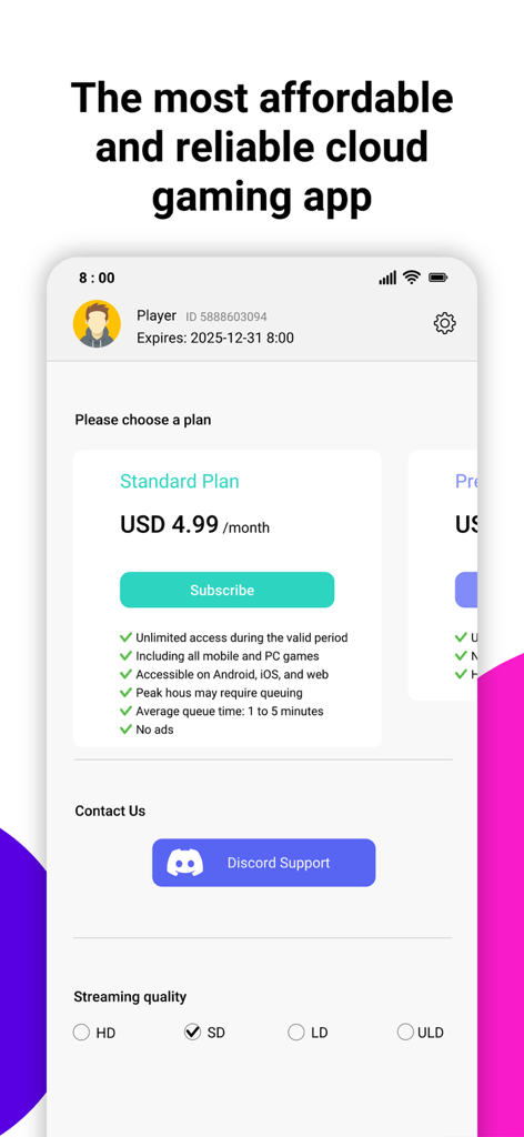 Standard Plan subscription interface for CloudMoon cloud gaming app