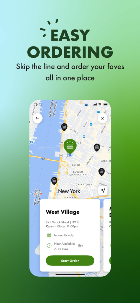 L'interfaccia dell'app mobile Shake Shack mostra una mappa delle sedi dei ristoranti a New York City con un'opzione di ordinazione rapida per la sede di West Village