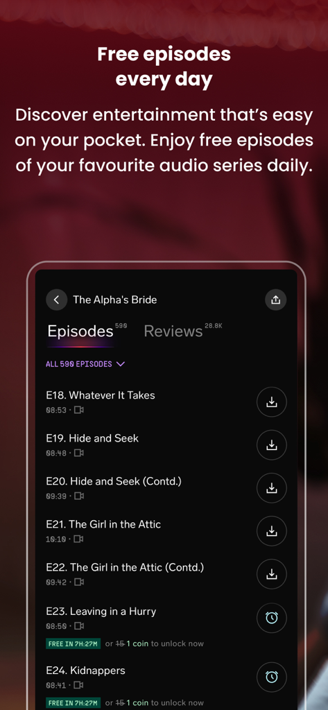 Pocket FM: Audio Series - Pantalla de smartphone mostrando la interfaz de la aplicación Pocket FM con una lista de episodios para una serie de audio y una oferta de episodio gratis diario