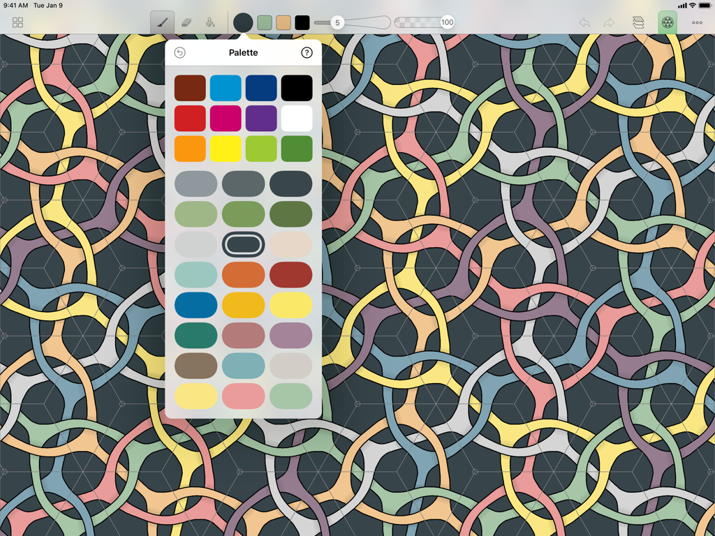 A colorful interlocking geometric tessellation being designed in the Amaziograph app with the color palette visible