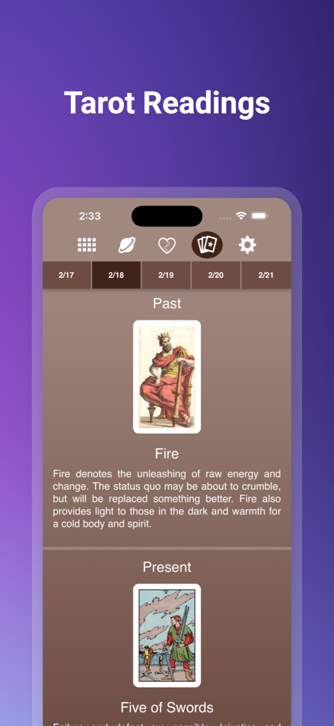 Horoscopes - Interface of the Horoscopes app showing a daily tarot reading with past and present cards