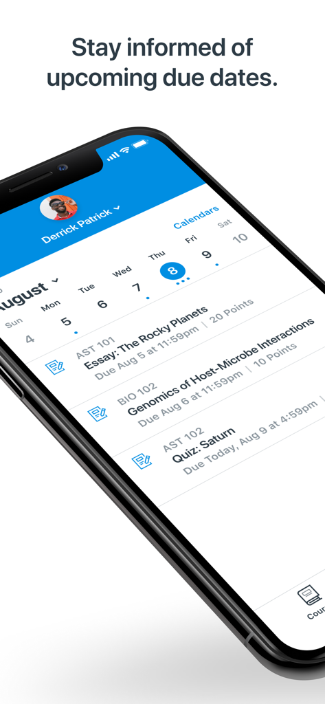Écran du calendrier de l'application mobile Canvas Parent affichant les dates d'échéance des devoirs et les tâches à venir de l'élève