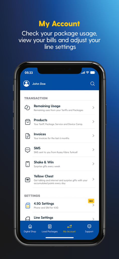 Turkcell North Cyprus - Turkcell North Cyprus app My Account dashboard showing usage and billing options