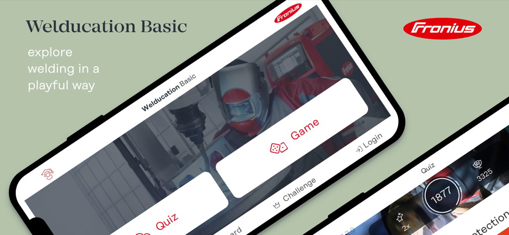 Interfaccia dell'app mobile Welducation Basic che mostra opzioni di quiz e giochi di saldatura