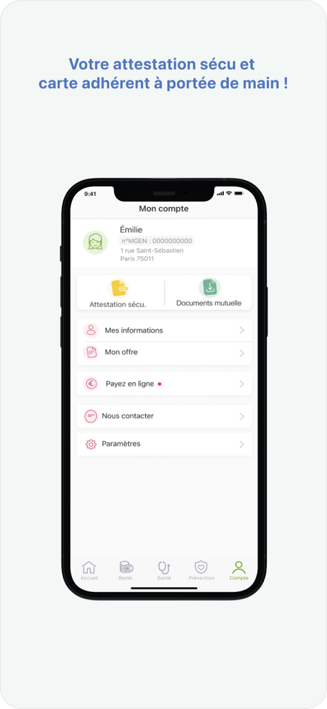 Mutuelle MGEN Espace personnel - Écran de compte de l'application mobile MGEN montrant les informations du profil utilisateur et l'accès aux documents d'assurance maladie
