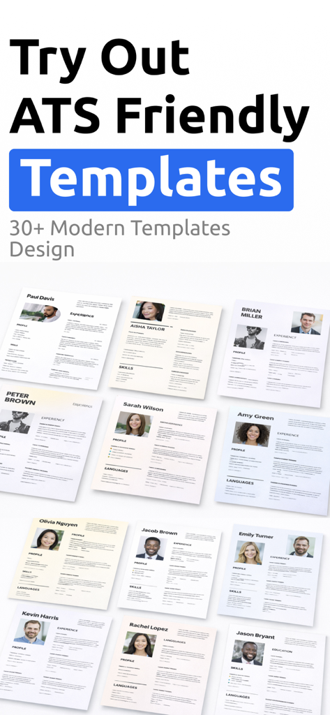 CV Maker: AI Resume Builder - Una colección de plantillas de currículum modernas y profesionales optimizadas para ATS disponibles en la aplicación CV Maker.