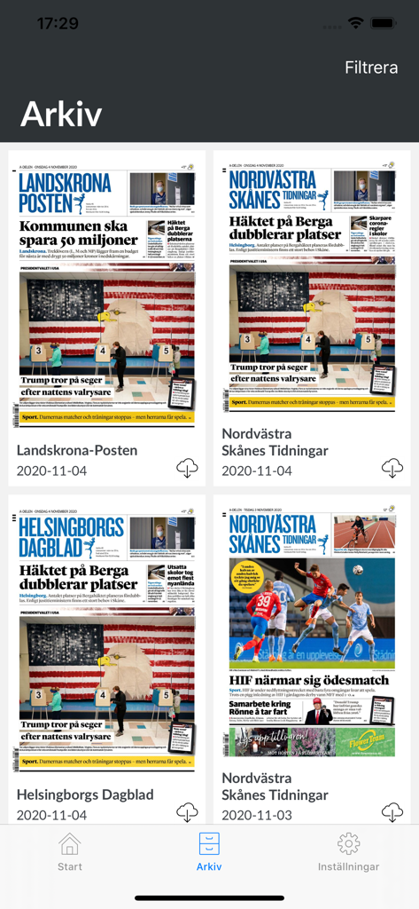 La pantalla de archivo de la aplicación HD E-tidning mostrando varias ediciones digitales de periódicos del sur de Suecia disponibles para descargar.