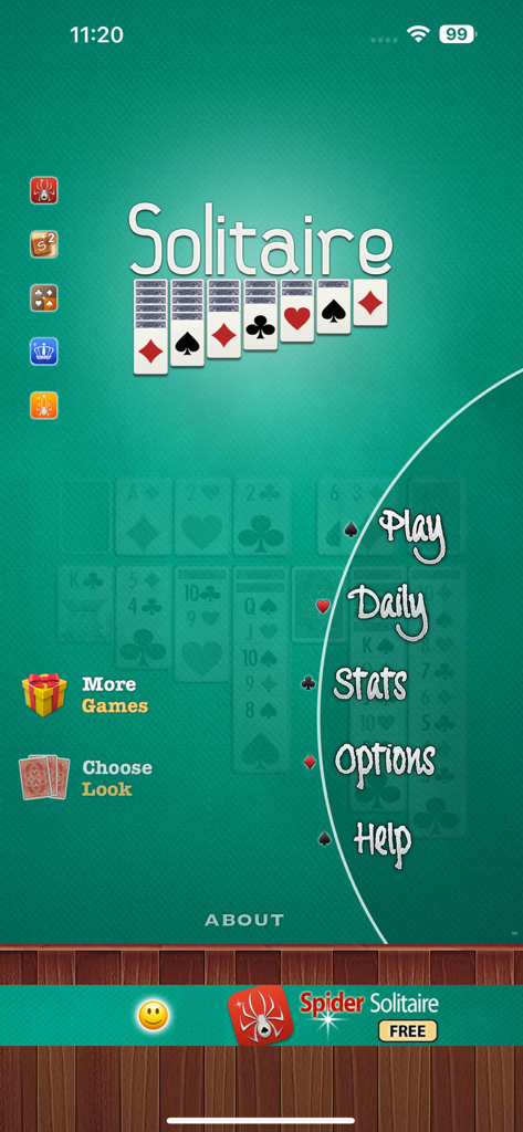 The main menu of the Solitaire mobile app featuring game options like Play and Daily on a green felt background.