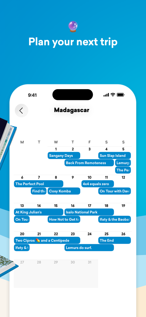 FindPenguins travel app calendar interface displaying a trip itinerary for Madagascar
