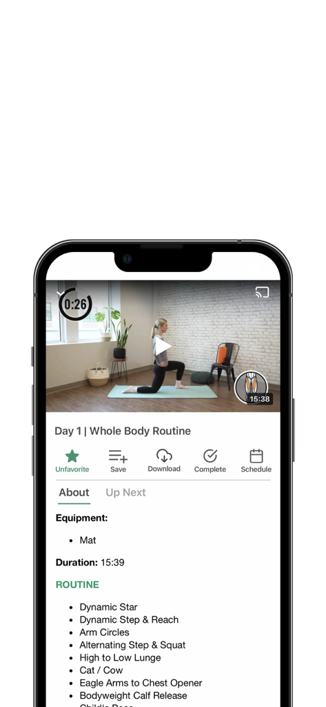 The Dynamic Golfers app interface displaying a whole body stretching routine video and workout details.