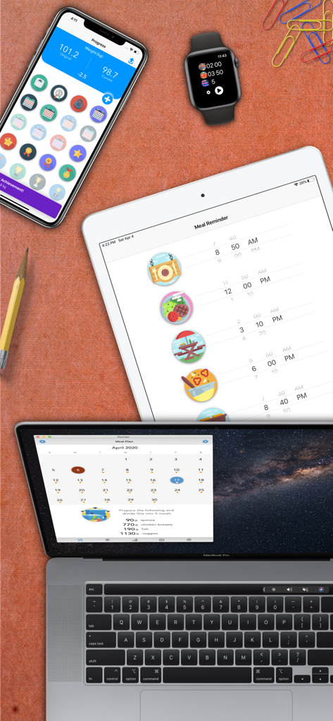 La aplicación de pérdida de peso económica Roman mostrando planes de comidas y seguimiento de progreso en iPhone, iPad, Mac y Apple Watch.