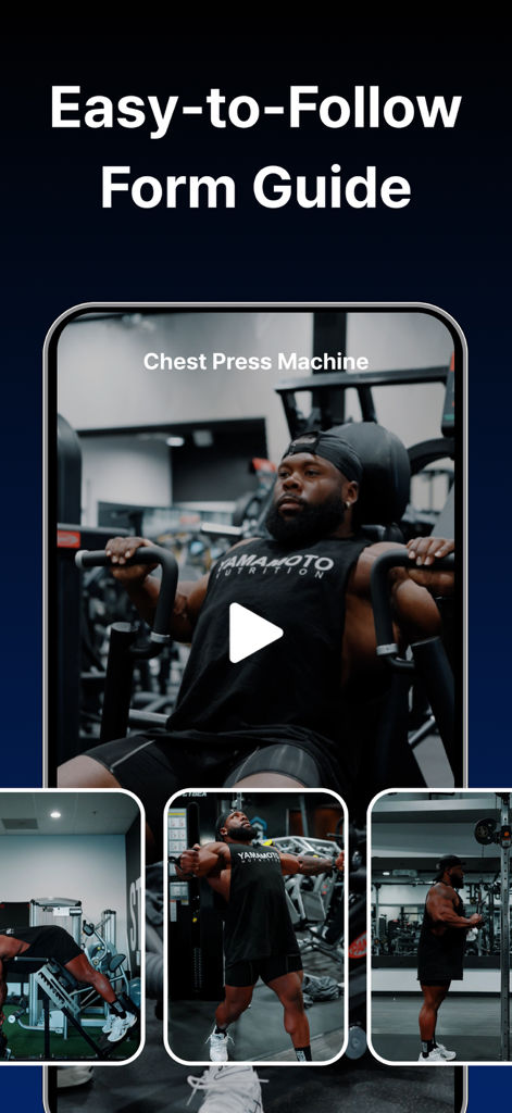 Mobile app screen showing a pro athlete demonstrating a chest press machine in an easy to follow form guide.