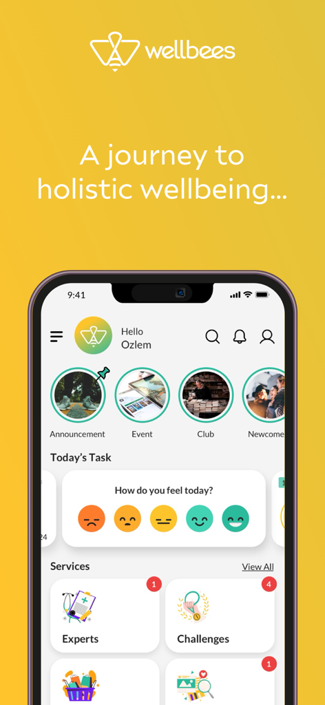 Wellbees - Wellbees mobile app dashboard showing mood tracking emojis and corporate wellness services