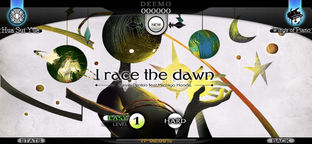 Cytus rhythm game song selection screen for I race the dawn with abstract hand drawn illustration