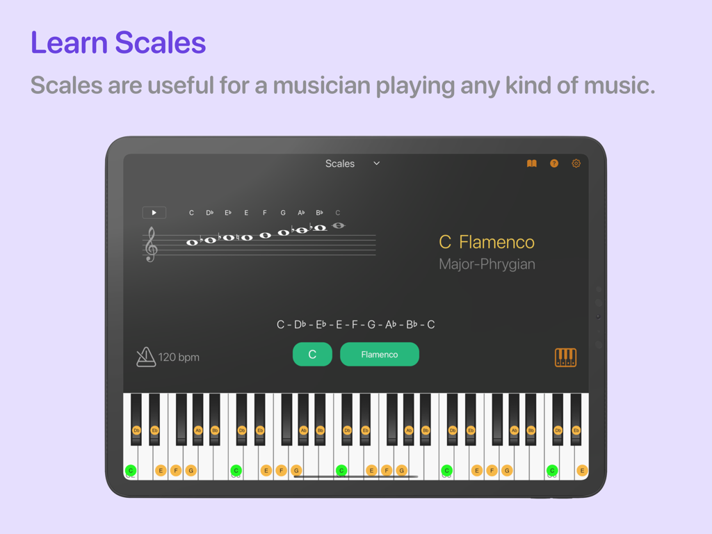 Chordio: compose & learn music - The Chordio app interface on an iPad displaying the C Flamenco scale on a grand staff and a highlighted piano keyboard