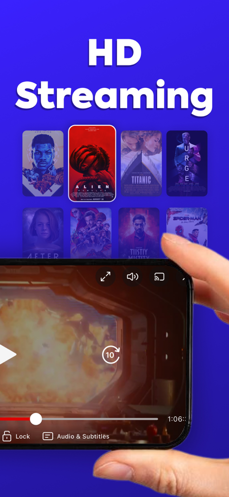 IPTV Smarters mobile app interface showing HD movie streaming on an iPhone