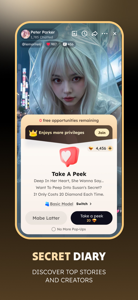 Saylo: AI Character Story Chat - Interface of Saylo app showing the Secret Diary feature and a character secret unlock pop up