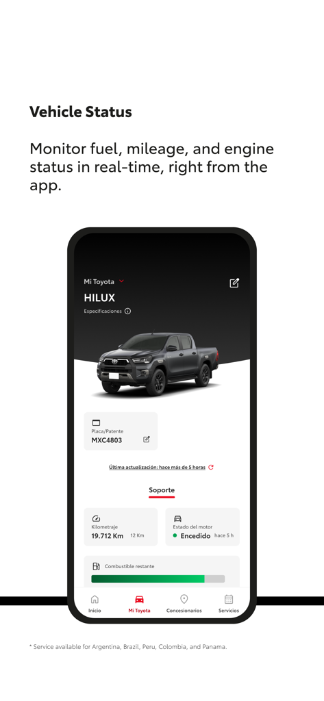 Toyota LATAM - Toyota LATAM mobile app interface displaying the vehicle status screen for a Toyota Hilux including fuel levels and mileage.