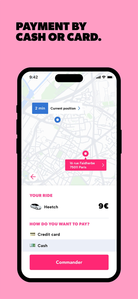 Heetch app interface showing flexible payment options for cash or credit card