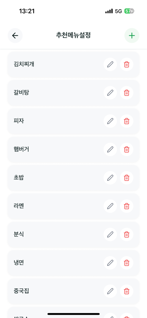 Selunch - Selunch app screen showing a customizable list of food options with edit and delete icons