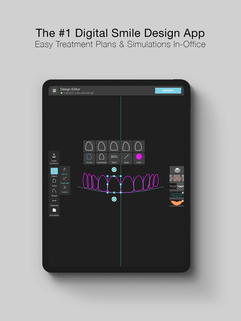 Smile Designer Pro app interface on an iPad for digital smile design and dental treatment planning