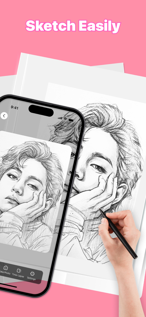 Art Tracer: Photo To Drawing - A hand sketching a portrait on paper while using a smartphone for AR tracing guidance.