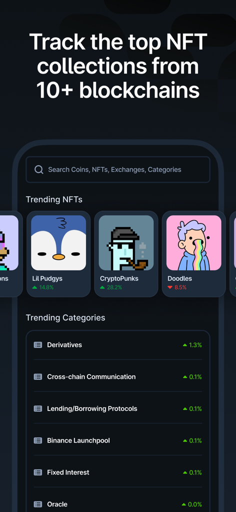 Interface de l'application mobile CoinGecko montrant les collections NFT tendance et les catégories du marché crypto