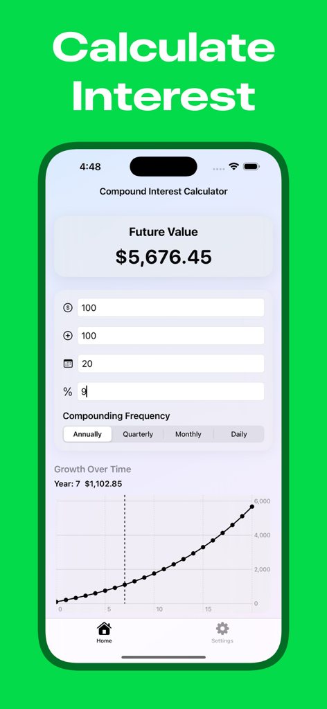 Compound Interest Calculator 6 - Compound interest calculator app interface showing investment growth chart and future value projection