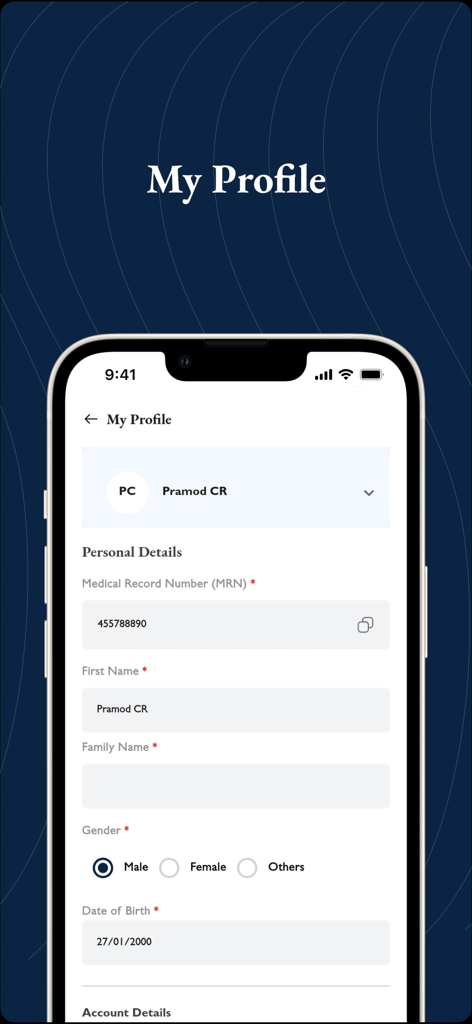 Tela Meu Perfil do aplicativo móvel Kings Hospital Jeddah exibindo detalhes do registro médico pessoal