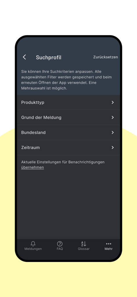 Search profile settings in the lebensmittelwarnung app showing filters for product type and alert reason