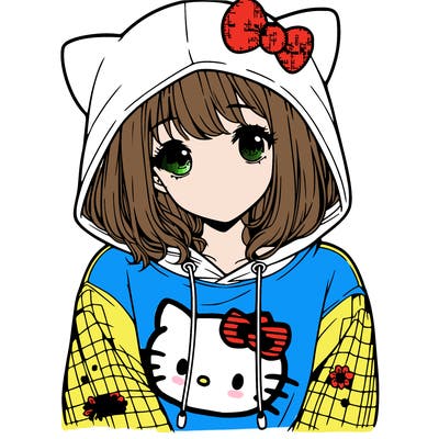 a girl wearing a hello kitty sweater with hood also realistic