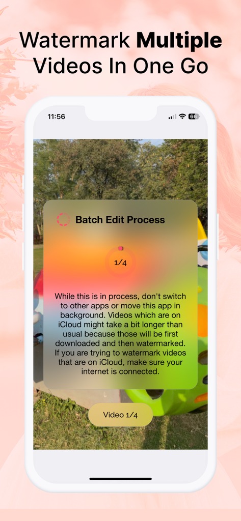 eZy Watermark Videos Pro - Pantalla de smartphone mostrando el proceso de edición por lotes para marcar múltiples videos a la vez en eZy Watermark Videos Pro.
