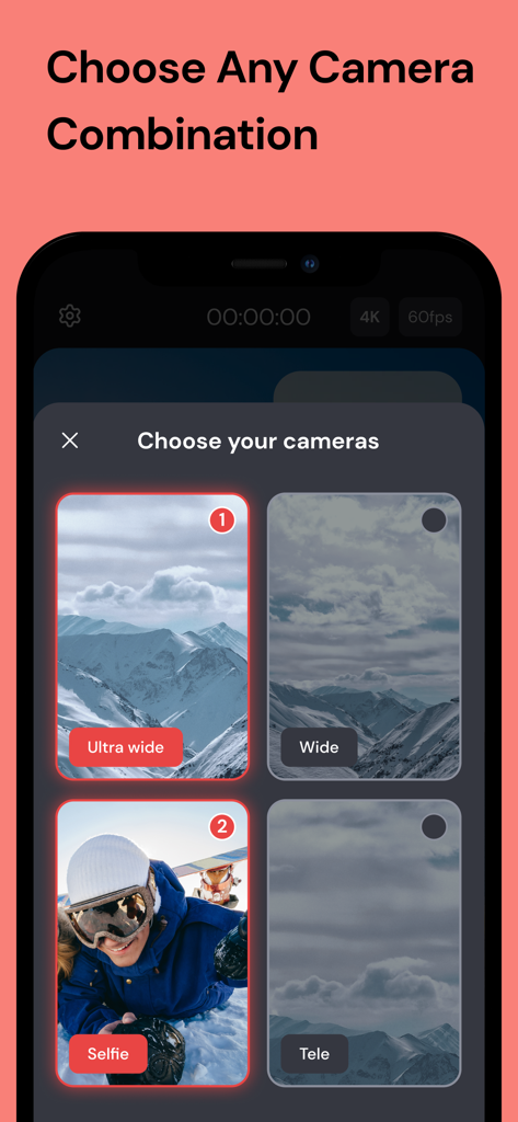 Interfaz de la aplicación DoubleTake mostrando opciones de combinación de cámaras, incluyendo lentes ultra gran angular y selfie para grabación simultánea