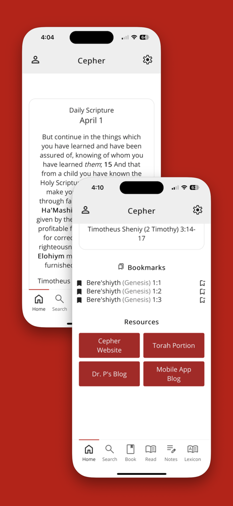 Cepher - Cepher mobile app interface showing daily scripture and bookmarked verses