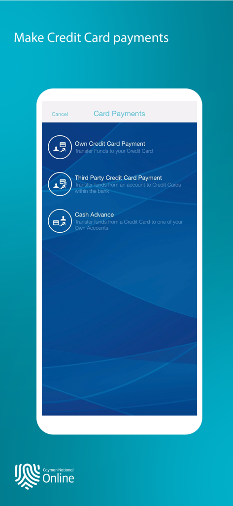 Cayman National - Cayman National mobile app interface for making credit card payments and cash advances.