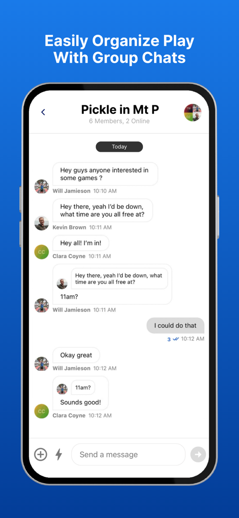 DUPR - Interface de chat de groupe de l'application DUPR montrant des joueurs organisant un match de pickleball.
