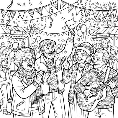 Dive into a lively community celebration with this delightful coloring page featuring joyful seniors. Bring this festive scene to life with your favorite colors and create a masterpiece of shared happiness.